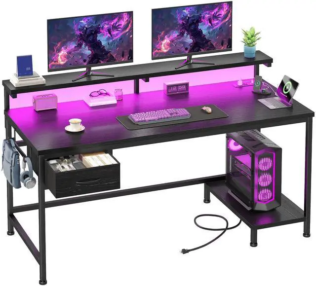 Main image of 39.3" Gaming Desk with Power Outlet and LED Lights,Computer Desk with Adjutable Monitor Stand and Drawer,Office Desk with CPU Stand for Home Work,Study and Gaming, Small Spaces,Black