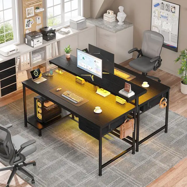 Alt view image 2 of 6 - 39.3" Gaming Desk with Power Outlet and LED Lights,Computer Desk with Adjutable Monitor Stand and Drawer,Office Desk with CPU Stand for Home Work,Study and Gaming, Small Spaces,Black