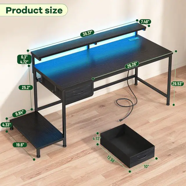 Alt view image 3 of 6 - 39.3" Gaming Desk with Power Outlet and LED Lights,Computer Desk with Adjutable Monitor Stand and Drawer,Office Desk with CPU Stand for Home Work,Study and Gaming, Small Spaces,Black