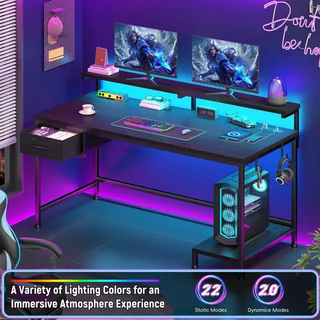 Alt view image 4 of 6 - 39.3" Gaming Desk with Power Outlet and LED Lights,Computer Desk with Adjutable Monitor Stand and Drawer,Office Desk with CPU Stand for Home Work,Study and Gaming, Small Spaces,Black