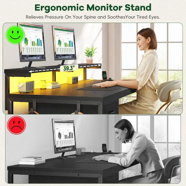 Alt view image 5 of 6 - 39.3" Gaming Desk with Power Outlet and LED Lights,Computer Desk with Adjutable Monitor Stand and Drawer,Office Desk with CPU Stand for Home Work,Study and Gaming, Small Spaces,Black