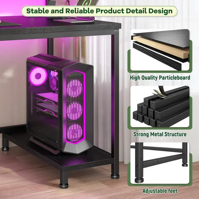 Alt view image 6 of 6 - 39.3" Gaming Desk with Power Outlet and LED Lights,Computer Desk with Adjutable Monitor Stand and Drawer,Office Desk with CPU Stand for Home Work,Study and Gaming, Small Spaces,Black