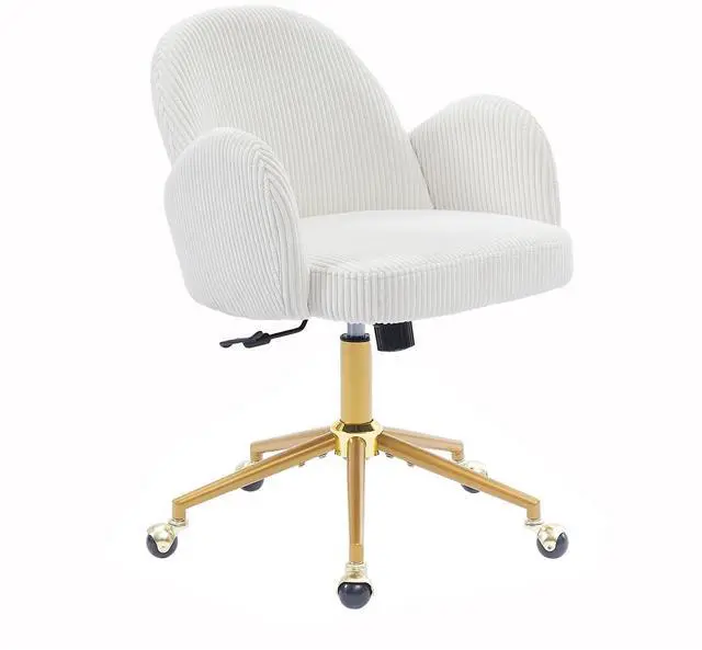 Main image of Home Office Chair with Petal Backrest, Corduroy Upholstered Desk Chair with Adjustable Swivel Wheels, Ergonomic Chairs for Living Room, Bedroom, Office, Study, Flower Cute Girls Vanity Chair(Beige)