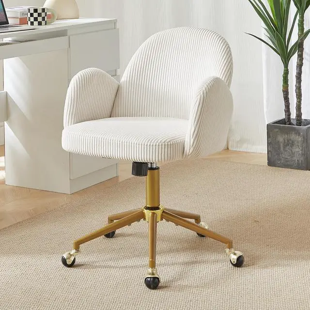Alt view image 2 of 6 - Home Office Chair with Petal Backrest, Corduroy Upholstered Desk Chair with Adjustable Swivel Wheels, Ergonomic Chairs for Living Room, Bedroom, Office, Study, Flower Cute Girls Vanity Chair(Beige)