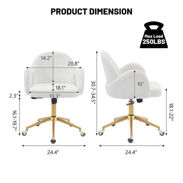 Alt view image 3 of 6 - Home Office Chair with Petal Backrest, Corduroy Upholstered Desk Chair with Adjustable Swivel Wheels, Ergonomic Chairs for Living Room, Bedroom, Office, Study, Flower Cute Girls Vanity Chair(Beige)