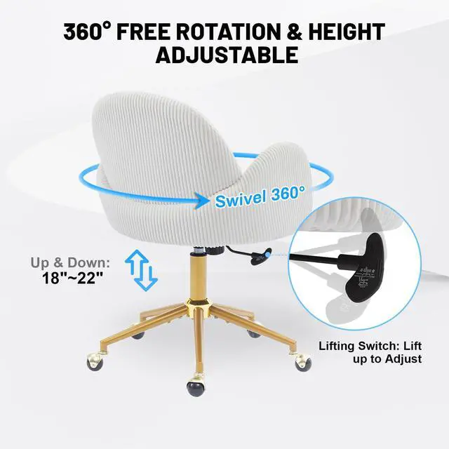 Alt view image 4 of 6 - Home Office Chair with Petal Backrest, Corduroy Upholstered Desk Chair with Adjustable Swivel Wheels, Ergonomic Chairs for Living Room, Bedroom, Office, Study, Flower Cute Girls Vanity Chair(Beige)