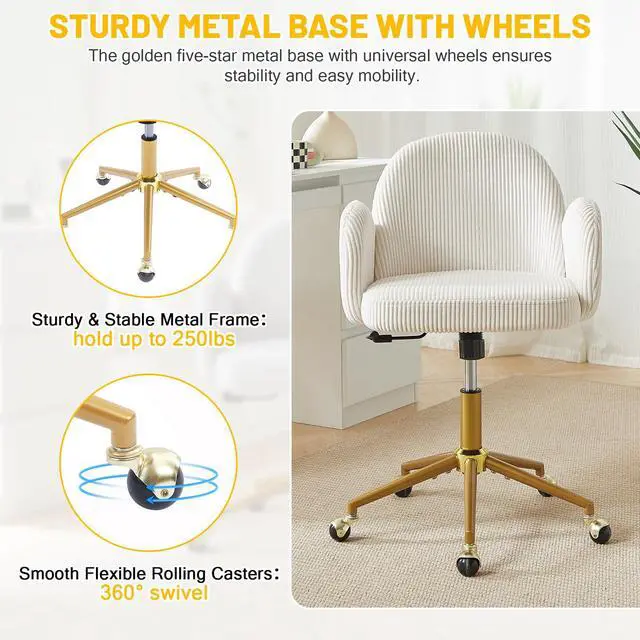 Alt view image 6 of 6 - Home Office Chair with Petal Backrest, Corduroy Upholstered Desk Chair with Adjustable Swivel Wheels, Ergonomic Chairs for Living Room, Bedroom, Office, Study, Flower Cute Girls Vanity Chair(Beige)