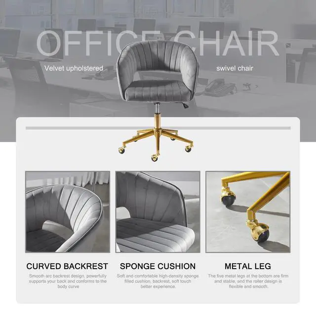 Alt view image 4 of 6 - Velvet Office Desk Chair, Grey, Adjustable Swivel Wheels, Ergonomic Design for Home Office, Bedroom, Study