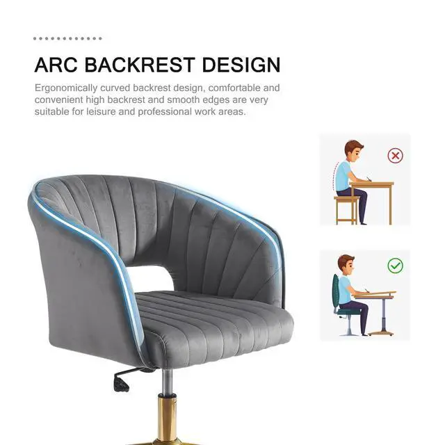Alt view image 6 of 6 - Velvet Office Desk Chair, Grey, Adjustable Swivel Wheels, Ergonomic Design for Home Office, Bedroom, Study
