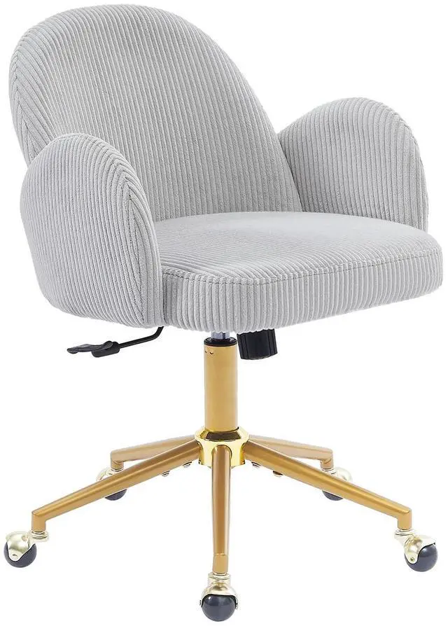 Main image of Home Office Chair with Petal Backrest, Corduroy Upholstered Desk Chair with Adjustable Swivel Wheels, Ergonomic Chairs for Living Room, Bedroom, Office, Study, Flower Cute Girls Vanity Chair (Grey)