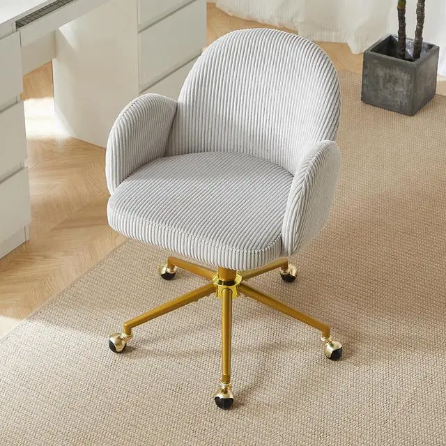 Alt view image 2 of 6 - Home Office Chair with Petal Backrest, Corduroy Upholstered Desk Chair with Adjustable Swivel Wheels, Ergonomic Chairs for Living Room, Bedroom, Office, Study, Flower Cute Girls Vanity Chair (Grey)