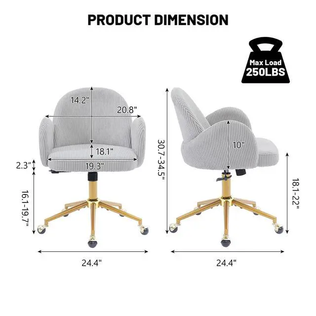 Alt view image 3 of 6 - Home Office Chair with Petal Backrest, Corduroy Upholstered Desk Chair with Adjustable Swivel Wheels, Ergonomic Chairs for Living Room, Bedroom, Office, Study, Flower Cute Girls Vanity Chair (Grey)