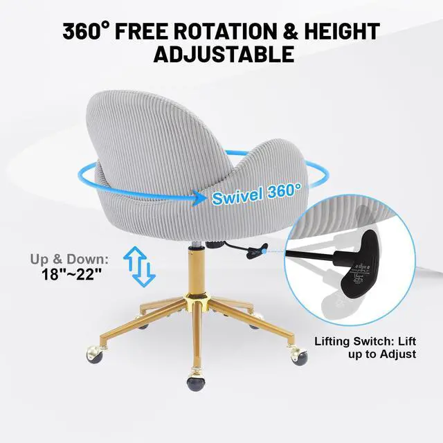Alt view image 4 of 6 - Home Office Chair with Petal Backrest, Corduroy Upholstered Desk Chair with Adjustable Swivel Wheels, Ergonomic Chairs for Living Room, Bedroom, Office, Study, Flower Cute Girls Vanity Chair (Grey)