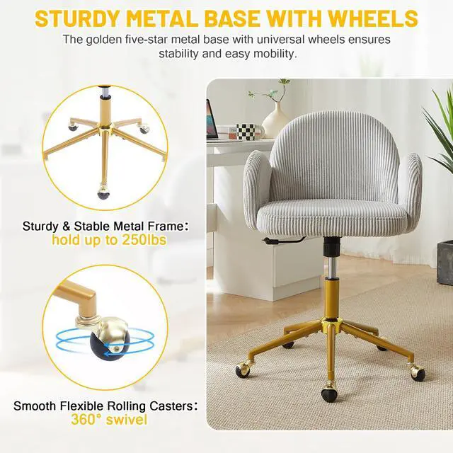 Alt view image 6 of 6 - Home Office Chair with Petal Backrest, Corduroy Upholstered Desk Chair with Adjustable Swivel Wheels, Ergonomic Chairs for Living Room, Bedroom, Office, Study, Flower Cute Girls Vanity Chair (Grey)