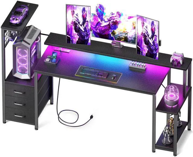 Main image of 63 Inch Gaming Desk with Bluetooth LED Lights & Power Outlets,Computer Desk with Fabric Drawers & Hooks,Reversible Gamer Table with Monitor Stand for Game Room,Home Office,Carbon Fiber Black
