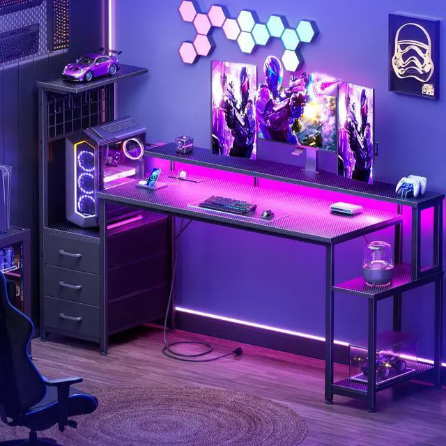 Alt view image 2 of 6 - 63 Inch Gaming Desk with Bluetooth LED Lights & Power Outlets,Computer Desk with Fabric Drawers & Hooks,Reversible Gamer Table with Monitor Stand for Game Room,Home Office,Carbon Fiber Black