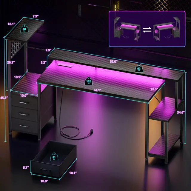 Alt view image 3 of 6 - 63 Inch Gaming Desk with Bluetooth LED Lights & Power Outlets,Computer Desk with Fabric Drawers & Hooks,Reversible Gamer Table with Monitor Stand for Game Room,Home Office,Carbon Fiber Black