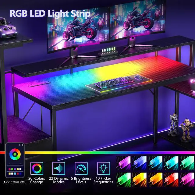 Alt view image 4 of 6 - 63 Inch Gaming Desk with Bluetooth LED Lights & Power Outlets,Computer Desk with Fabric Drawers & Hooks,Reversible Gamer Table with Monitor Stand for Game Room,Home Office,Carbon Fiber Black