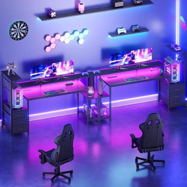 Alt view image 6 of 6 - 63 Inch Gaming Desk with Bluetooth LED Lights & Power Outlets,Computer Desk with Fabric Drawers & Hooks,Reversible Gamer Table with Monitor Stand for Game Room,Home Office,Carbon Fiber Black
