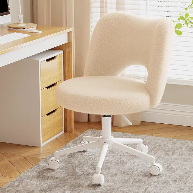 Main image of Vanity Chair with Open-Back,Off-White | Cute Desk Chair,360° Wheels, Soft Teddy Fleece, Height Adjustable