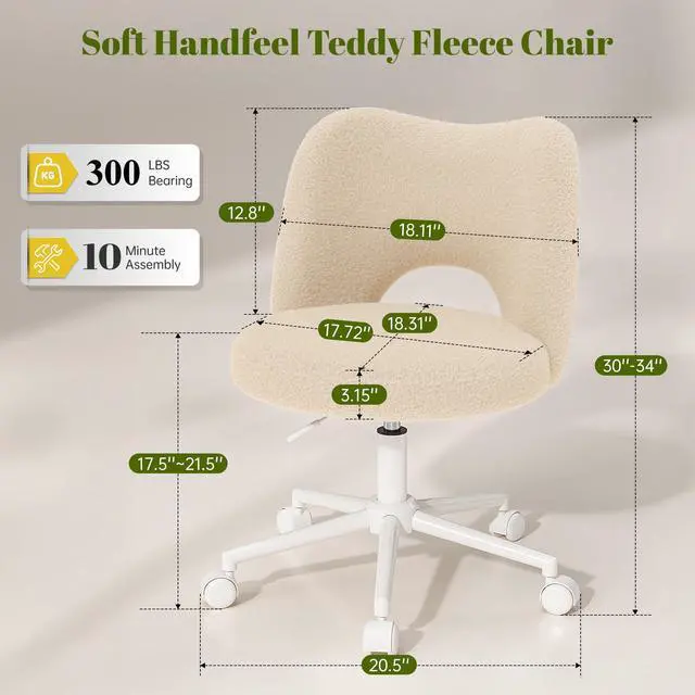 Alt view image 2 of 6 - Vanity Chair with Open-Back,Off-White | Cute Desk Chair,360° Wheels, Soft Teddy Fleece, Height Adjustable