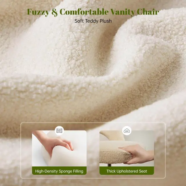 Alt view image 3 of 6 - Vanity Chair with Open-Back,Off-White | Cute Desk Chair,360° Wheels, Soft Teddy Fleece, Height Adjustable