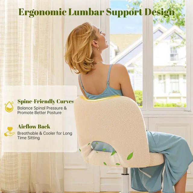 Alt view image 5 of 6 - Vanity Chair with Open-Back,Off-White | Cute Desk Chair,360° Wheels, Soft Teddy Fleece, Height Adjustable