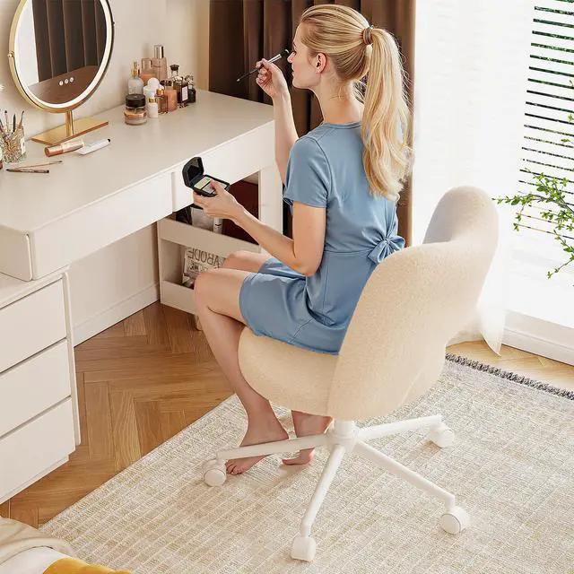 Alt view image 6 of 6 - Vanity Chair with Open-Back,Off-White | Cute Desk Chair,360° Wheels, Soft Teddy Fleece, Height Adjustable