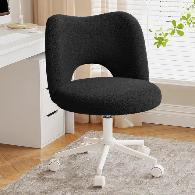 Main image of Vanity Chair with Wheels, Soft Teddy Fleece Desk Chair, Breathable Open-Back, Height Adjustable Armless for Makeup Room, Bedroom, Dorm, Home Office, Black