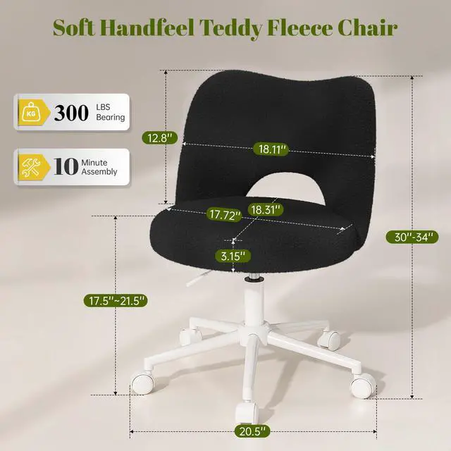 Alt view image 2 of 6 - Vanity Chair with Wheels, Soft Teddy Fleece Desk Chair, Breathable Open-Back, Height Adjustable Armless for Makeup Room, Bedroom, Dorm, Home Office, Black