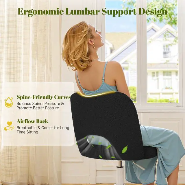 Alt view image 3 of 6 - Vanity Chair with Wheels, Soft Teddy Fleece Desk Chair, Breathable Open-Back, Height Adjustable Armless for Makeup Room, Bedroom, Dorm, Home Office, Black