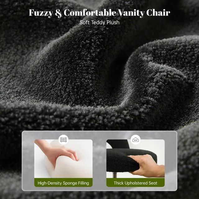 Alt view image 4 of 6 - Vanity Chair with Wheels, Soft Teddy Fleece Desk Chair, Breathable Open-Back, Height Adjustable Armless for Makeup Room, Bedroom, Dorm, Home Office, Black