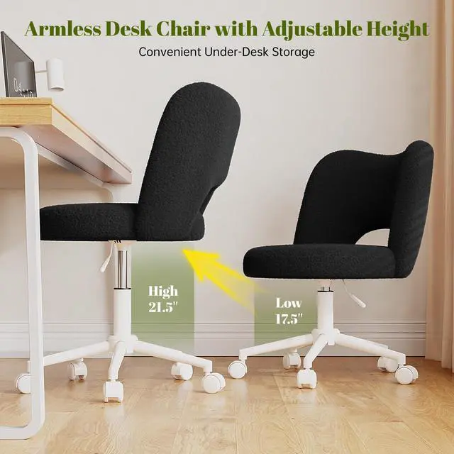 Alt view image 5 of 6 - Vanity Chair with Wheels, Soft Teddy Fleece Desk Chair, Breathable Open-Back, Height Adjustable Armless for Makeup Room, Bedroom, Dorm, Home Office, Black
