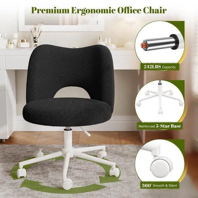 Alt view image 6 of 6 - Vanity Chair with Wheels, Soft Teddy Fleece Desk Chair, Breathable Open-Back, Height Adjustable Armless for Makeup Room, Bedroom, Dorm, Home Office, Black