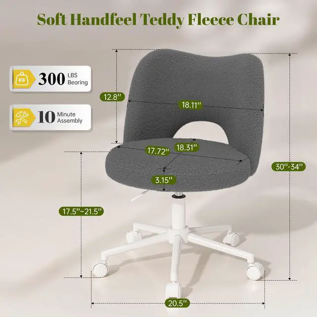 Alt view image 2 of 6 - Vanity Chair with Wheels,Armless Desk Chair with Open Back, Height Adjustable for Make-up Room,Bedroom,Dorm,Grey