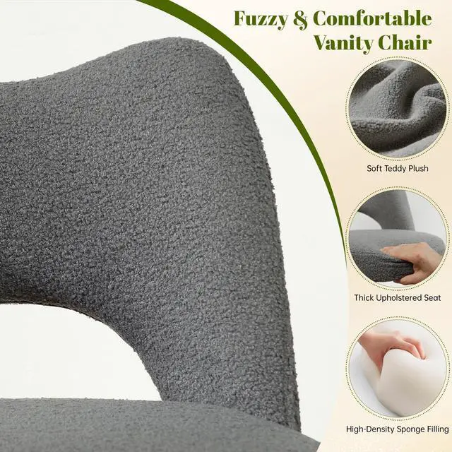 Alt view image 3 of 6 - Vanity Chair with Wheels,Armless Desk Chair with Open Back, Height Adjustable for Make-up Room,Bedroom,Dorm,Grey