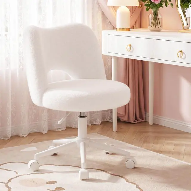 Main image of Vanity Chair with Open Back & Wheels White | Swivel, Fluffy Teddy Fabric, Height Adjustable,300lbs for Makeup Room, Vantiy, Bedroom