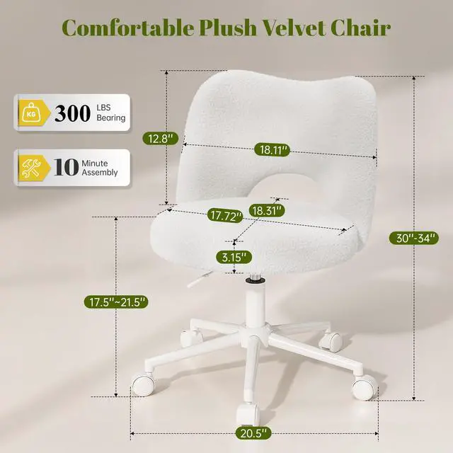 Alt view image 2 of 6 - Vanity Chair with Open Back & Wheels White | Swivel, Fluffy Teddy Fabric, Height Adjustable,300lbs for Makeup Room, Vantiy, Bedroom