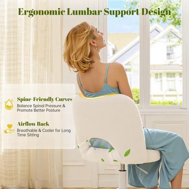 Alt view image 3 of 6 - Vanity Chair with Open Back & Wheels White | Swivel, Fluffy Teddy Fabric, Height Adjustable,300lbs for Makeup Room, Vantiy, Bedroom