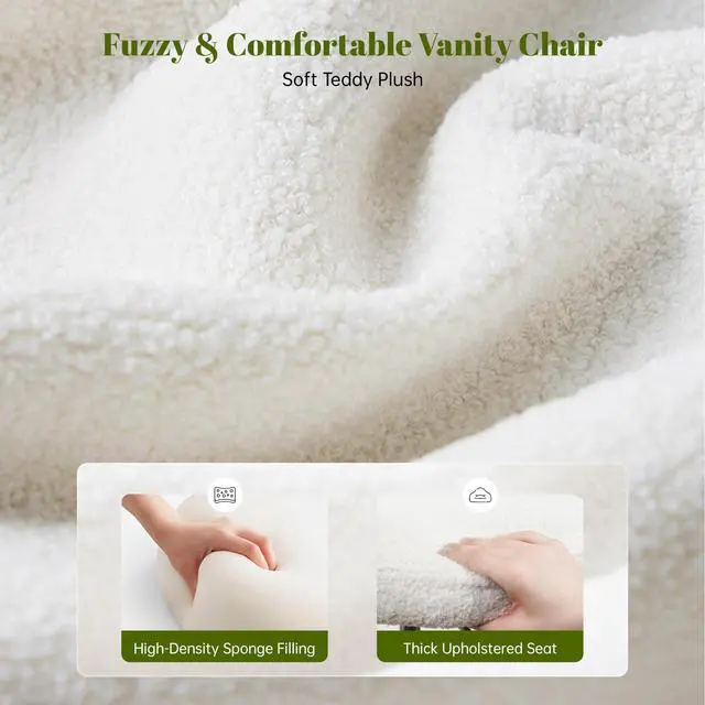 Alt view image 4 of 6 - Vanity Chair with Open Back & Wheels White | Swivel, Fluffy Teddy Fabric, Height Adjustable,300lbs for Makeup Room, Vantiy, Bedroom