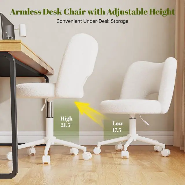 Alt view image 5 of 6 - Vanity Chair with Open Back & Wheels White | Swivel, Fluffy Teddy Fabric, Height Adjustable,300lbs for Makeup Room, Vantiy, Bedroom