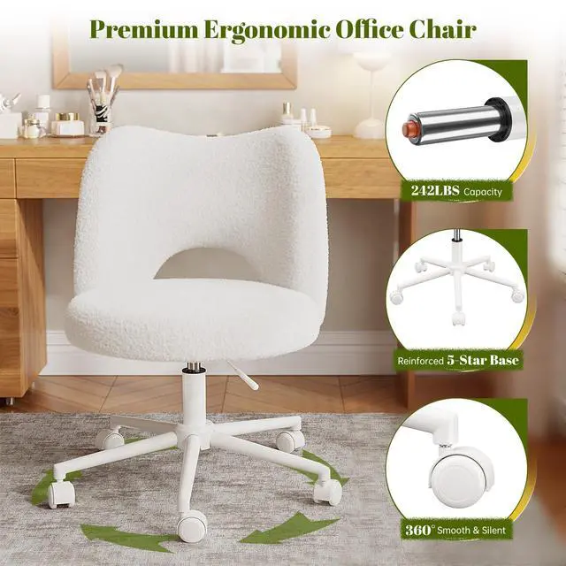 Alt view image 6 of 6 - Vanity Chair with Open Back & Wheels White | Swivel, Fluffy Teddy Fabric, Height Adjustable,300lbs for Makeup Room, Vantiy, Bedroom