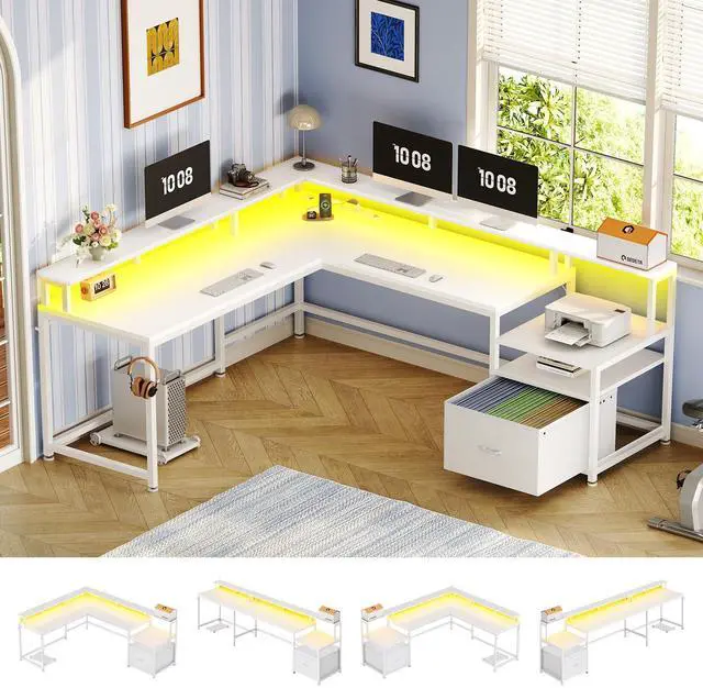 Main image of 66" L Shaped Desk with Power Outlet, Reversible Home Office Computer Desk with File Drawer & Monitor Shelf, Storage Shelves, LED Lights for Corner Small Spaces, White
