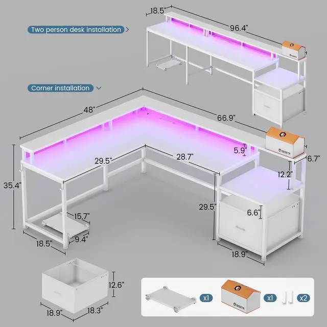 Alt view image 2 of 6 - 66" L Shaped Desk with Power Outlet, Reversible Home Office Computer Desk with File Drawer & Monitor Shelf, Storage Shelves, LED Lights for Corner Small Spaces, White
