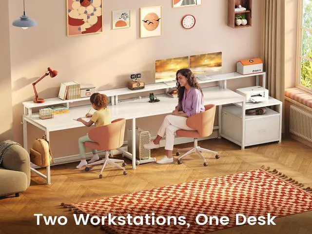 Alt view image 3 of 6 - 66" L Shaped Desk with Power Outlet, Reversible Home Office Computer Desk with File Drawer & Monitor Shelf, Storage Shelves, LED Lights for Corner Small Spaces, White
