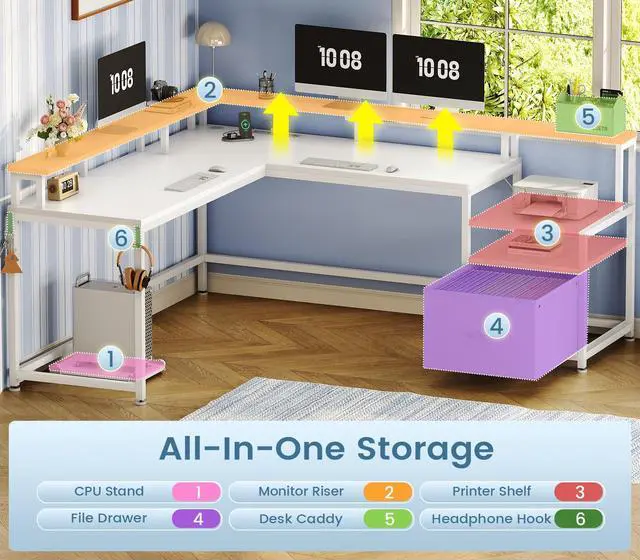 Alt view image 4 of 6 - 66" L Shaped Desk with Power Outlet, Reversible Home Office Computer Desk with File Drawer & Monitor Shelf, Storage Shelves, LED Lights for Corner Small Spaces, White