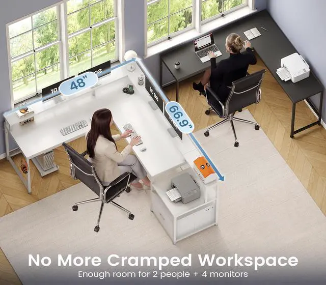 Alt view image 5 of 6 - 66" L Shaped Desk with Power Outlet, Reversible Home Office Computer Desk with File Drawer & Monitor Shelf, Storage Shelves, LED Lights for Corner Small Spaces, White