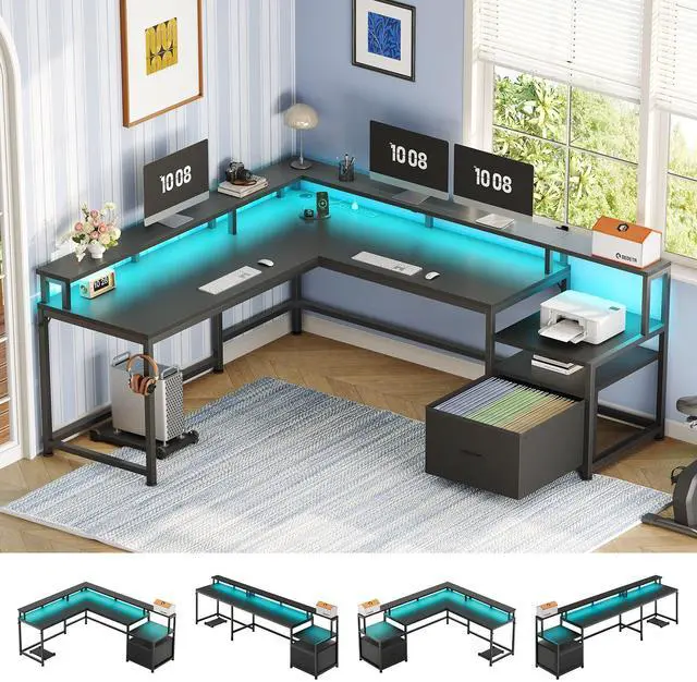 Main image of 66" L Shaped Desk with Power Outlet, Reversible Home Office Computer Desk with File Drawer & Monitor Shelf, Storage Shelves, LED Lights for Corner Small Spaces, Black