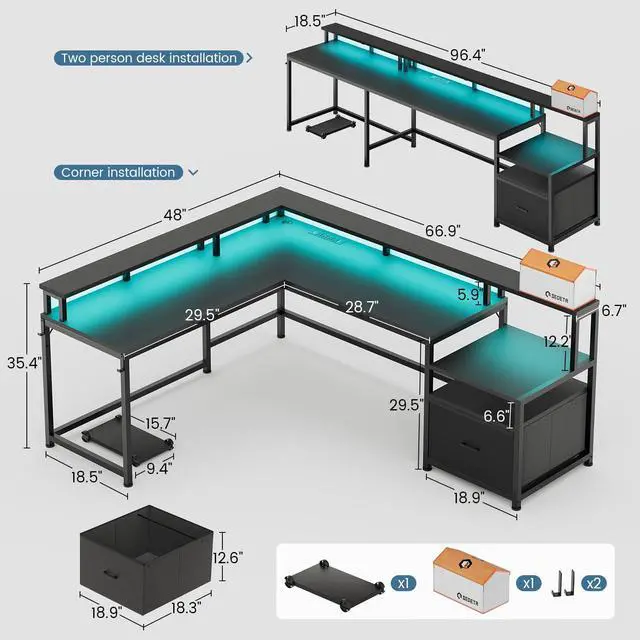 Alt view image 3 of 6 - 66" L Shaped Desk with Power Outlet, Reversible Home Office Computer Desk with File Drawer & Monitor Shelf, Storage Shelves, LED Lights for Corner Small Spaces, Black