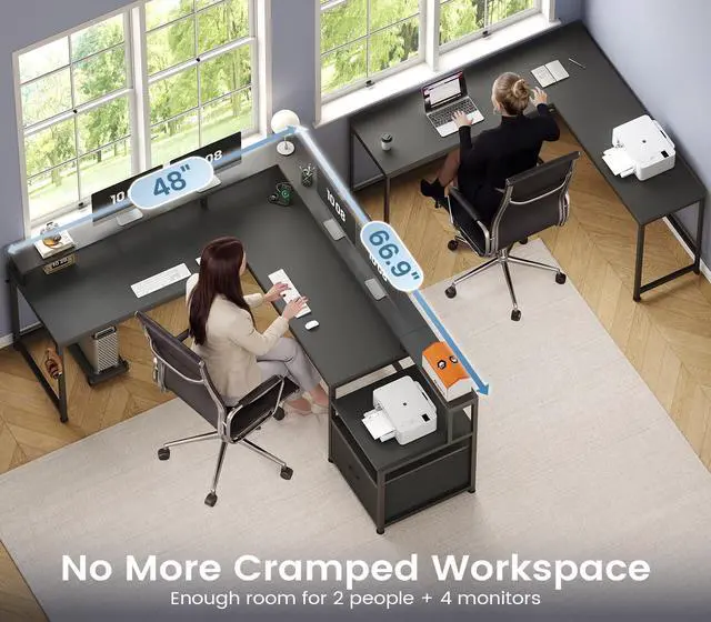 Alt view image 5 of 6 - 66" L Shaped Desk with Power Outlet, Reversible Home Office Computer Desk with File Drawer & Monitor Shelf, Storage Shelves, LED Lights for Corner Small Spaces, Black
